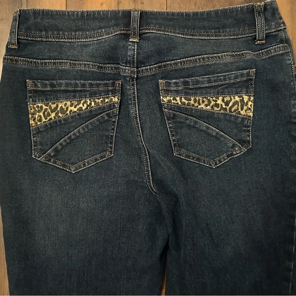 Chico’s Leopard Trim Ankle Jeans Sz 0 Dark Wash Stretch Denim Animal Print - Picture 7 of 8